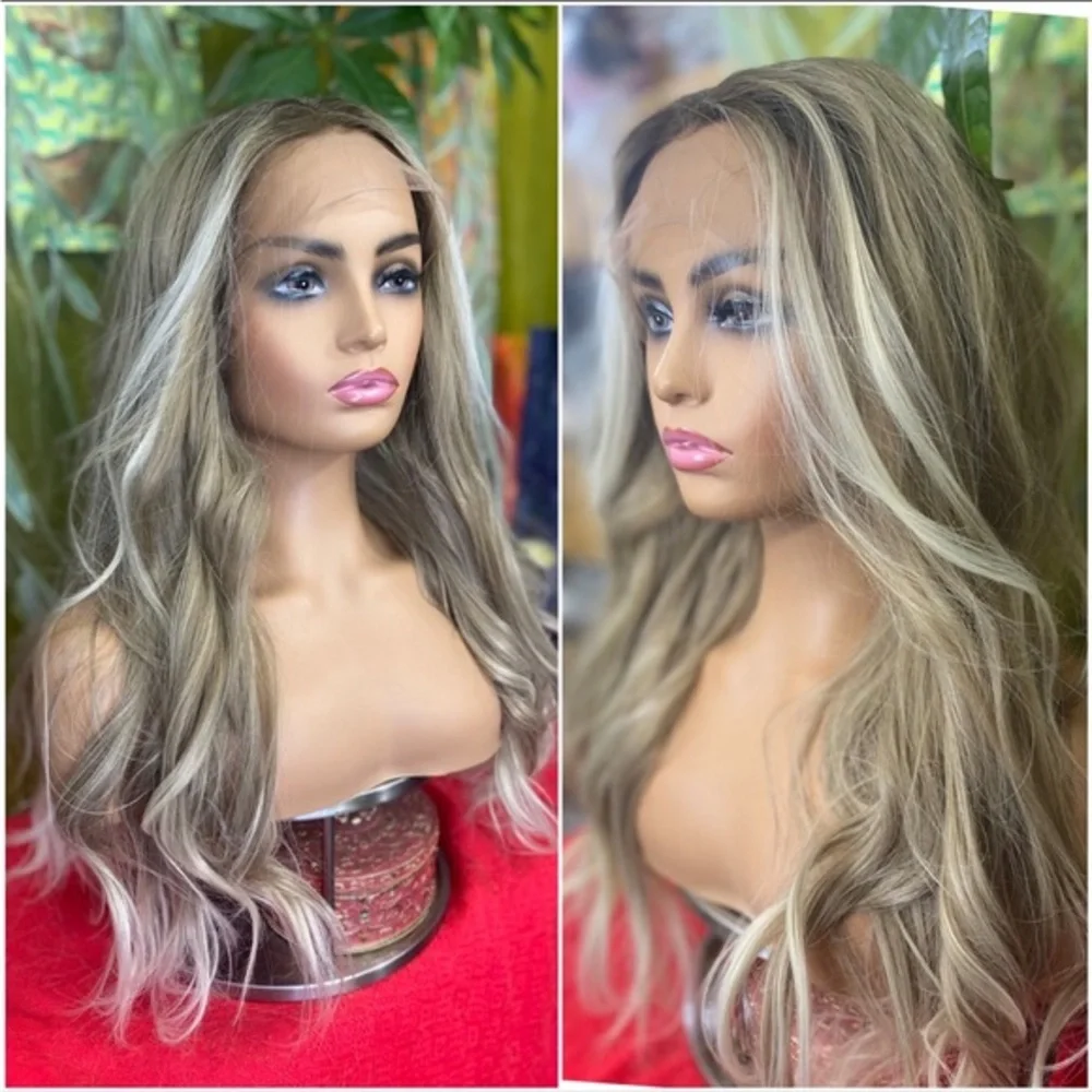Ash grey Blonde Balayage Long Lace Front Wig